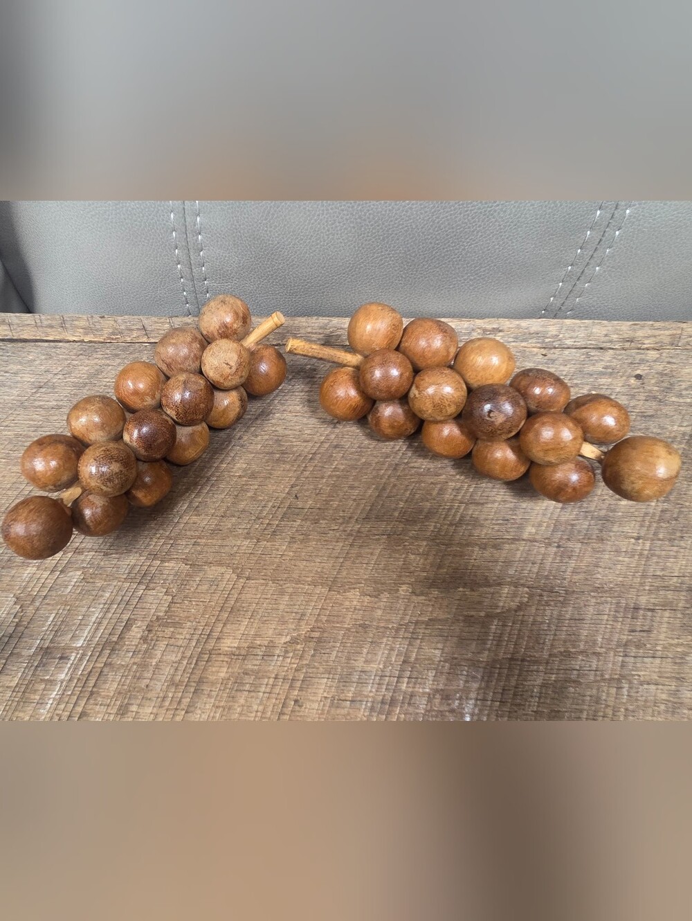 Vintage Mid Century Modern Hand Carved Monkey Pod Wood Grape Clusters - Pair 1Q